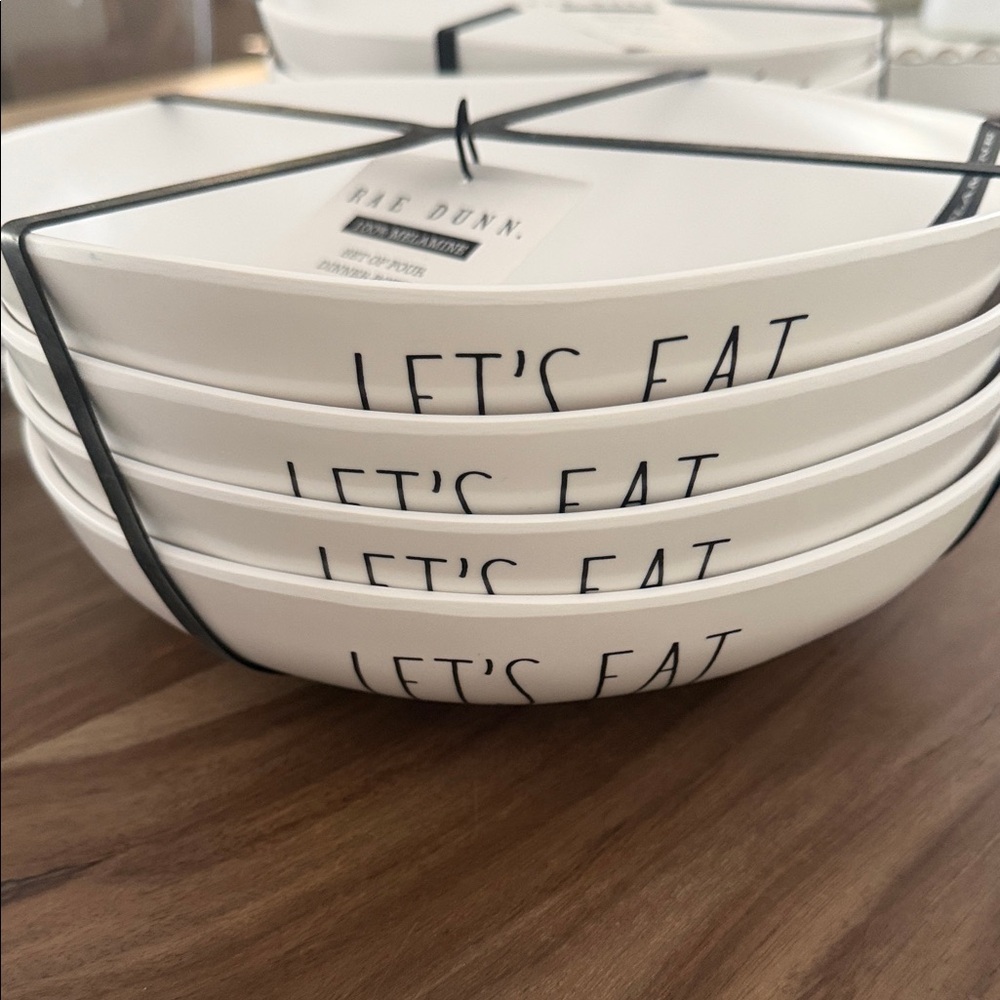 Rae Dunn White 'Let's Eat' S/4 Melamine Dinner Bowls